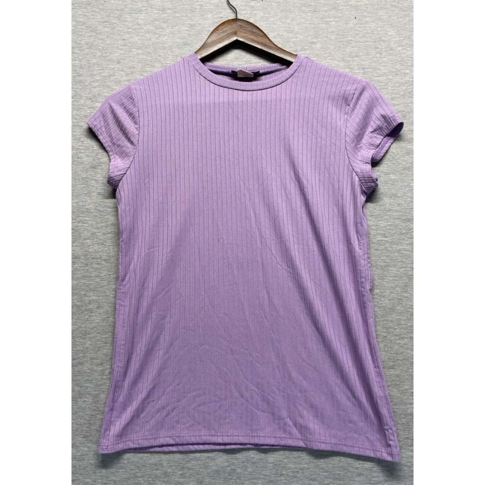 Wearever Ribbed Knit T Shirt Womens Large Purple Cap Sleeve Crew Neck Everyday
